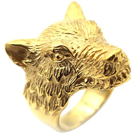 OAKKY Herren Retro Herrschsüchtig Gothic Punk Tribe Gold Wolf Kopf Biker Ring Edelstahl Werwolf Anführer Wald König Wolf Totem Größe 62 (19.7)