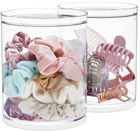 STORi Bella Tall Scrunchie Holder | Stackable Clear Plastic Container (Set of 2) Round Vanity Storage Organizers with Lids for Hair Accessories & Beauty Supplies | Made in USA