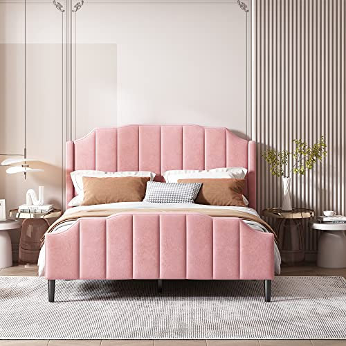 I0I&I0I Polsterbett 140x200 cm Mit Kopf- Und Fußteil, Lattenrost Und Rosa Samtbezug (Rosa)