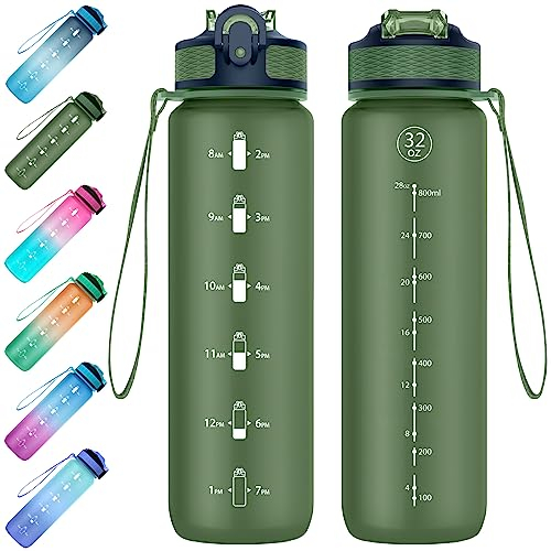 EYQ Bouteilles d'eau avec paille 1 litres, Gourde sport avec Fitness motivant et marqueurs de temps, sans BPA, tritan bouteille d'eau pour Camping, Cyclisme, gym, bureau (Verde intenso)