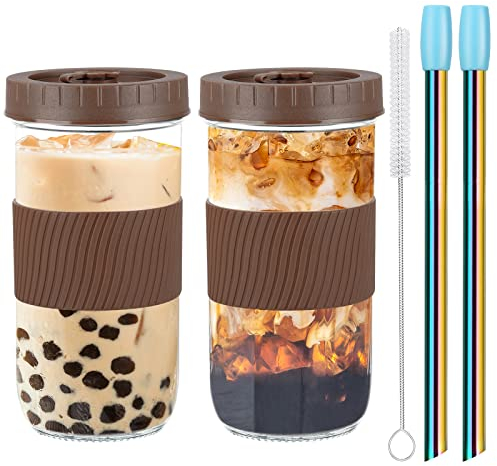 JIIKOOAI Tumblers with Lid and Straw of 2, Reusable 750ML Tea Cup Wide Mouth Mason Jar Cups Drinking Glasses Tumbler with Lid Bubble Tea Cup Travel Mug Glass for Coffee Tea Drinks