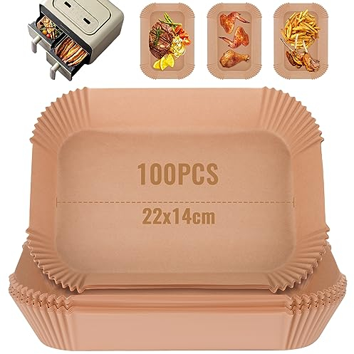 Papel para Freidora de Aire 100 Piezas, 22x14cm Papel de Horno Freidora Aire, Rectángulo, Desechable Papel Air Fryer Accessories Compatible con Doble Zona Freidora de Aire