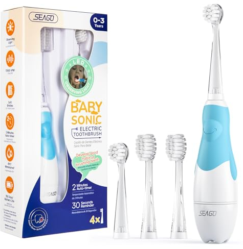 Seago Brosse à dents électrique pour enfants de 6 mois à 4 ans, brosse à dents sonique avec lumière LED, Smart Timer étanche IPX7, SG513 (bleu clair)