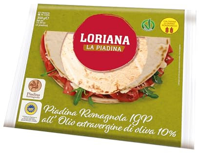 Loriana, La Piadina Romagnola IGP alla Riminese all'Olio EVO, Piadina tradizionale Romagnola, Con Farina di Grano Romagnolo e Olio Extra Vergine d'Oliva, Senza Olio di Palma, 350 grammi, 3 piadine
