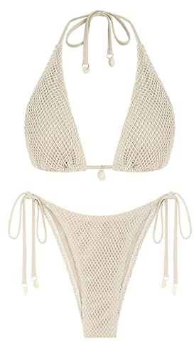ZAFUL Women's Triangle Bikini Multiway Fishnet Tie Side Bandeau Halter String Bikini Set Two Piece Swimsuit Bathing Suits (1-Light Coffee, S)