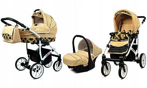BabyLux® Kinderwagen Set 3 in 1 - Largo - incl. Babywanne, Buggy Sportsitz, Auto-Babyschale - Autositz - Kinderwagenset - Kombikinderwagen mit Wickeltasche, Regenschutz usw.