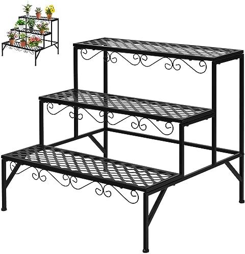 GiantexUK 3-Tier Metal Plant Stand, Ladder Shelf Flower Pot Holder, Decorative Plant Rack Shelving Unit for Patio, Garden and Balcony (70 x 60 x 60cm)