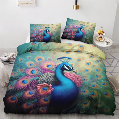 GEDAEUBA Pfau Bettwäsche 135x200 Winter - Pfauenfeder Bettbezug 135 x 200 2er Set, Wendebettwäsche und Kissenbezug 80x80, Weiche & Angenehme & Warme Mikrofaser Bettwäsche-Sets mit Reißverschluss