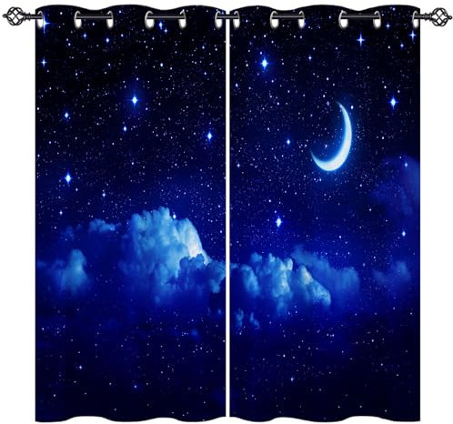 ANHOPE Nacht Wolke Mond Sterne Vorhänge mit Ösen Blickdichte Gardinen Blackout Curtain Thermo Vorhang Kinder Jungen Mädchen Schlafzimmer Wohnzimmer Verdunklungsvorhänge 2er Set H 138 x B 168 cm