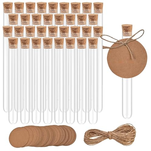 zrfgbxim 34 Pcs Tubos de Ensayo Plastico Transparente, Probetas Plastico, Tubo Ensayo con Tapones de Corcho para Laboratorio Flores Regalos Dulces, 16 x 100 mm（10ml+ 5m Cuerda de Cáñamo, 34 Etiquetas