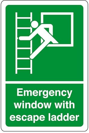 Emergency window with escape ladder - safety sign - High tack self-adhesive sticker (200mm x 150mm) Viewing Distance within 5m.