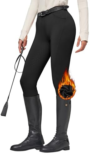 WILLIT Damen Reithose Winter gefüttert Reithose Fleece Reitleggings Silikon Vollbesatz Reitsport Thermo Hose mit Taschen Gürtelschlaufen Schwarz XL