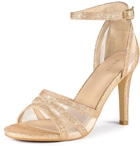 Perphy Glitter Heel Ankle Strap Stiletto Heels Sandals for Women Rose Gold 7 UK/Label Size 9 US