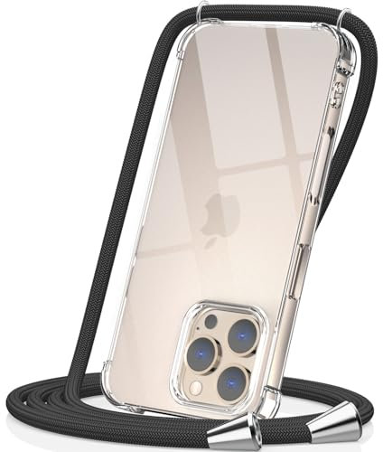 CAROKI Crossbody Case for iPhone 16 Pro 6.3,Necklace Mobile Phone Cover with Cord Strap Clear Transparent TPU Soft iPhone 16 Pro Cover Holder with Neck Cord Lanyard Strap-Black
