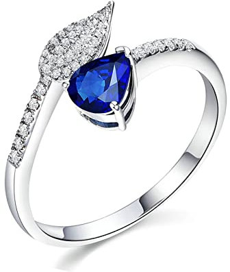 Bishilin Weißgold Ring mit Saphir Damen, Ring Weißgold 750 18k Echt Blatt mit 0.52ct Tropfen Saphir Eheringe Verlobungsringe Nickelfrei für Frauen Größe58 (18.5)