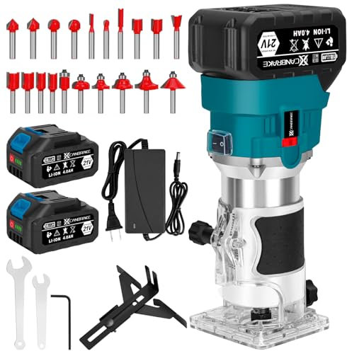 Cordless Compact Router, Brushless Wood Router Tool Set with 2 x 4.0Ah Battery, 21V Portable Routers, 6 Speeds, 30000RPM Trimmer Router with 20PCS 1/4 Router Bits, Working for Wood Slotting, Trimming