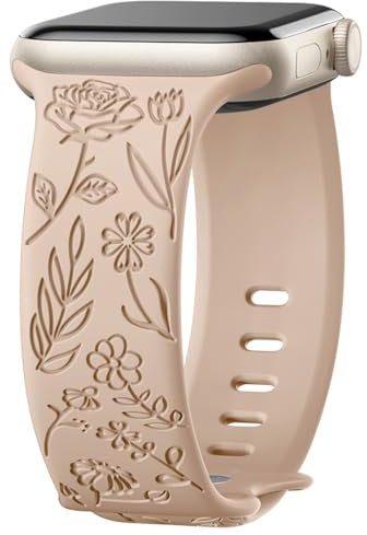 Mastten Floral Engraved Strap Compatible with Apple Watch Strap 38mm 40mm 41mm 42mm for Women Men, Soft Silicone Elegant Rose Floral Pattern Band for iWatch Series SE 10 9 8 7 6 5 4 3 2 1, Milktea