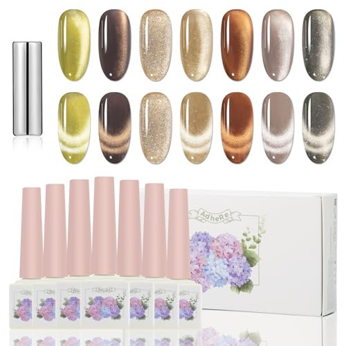 ADHERE Cat Eye Gel Nail Polish Set 12ML, 7 Colors Holographic Cat Eye Glitter Gel Polish Set Orange Brown Fall Nail Gel Polish Kit with Magnet Soak Off LED Nail Art Gel DIY Salon Gifts For Women
