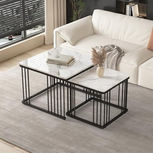 LuxeLiving Couchtisch 2er Set, Weiß Hochglanz Holz Beistelltisch, Marmoroptik, Metallgestell, Satztisch Kaffeetisch Wohnzimmertisch für Wohnzimmer Balkon Büro, Weiß + Schwarz