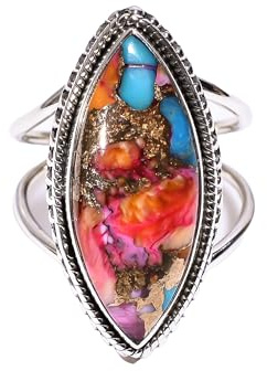 Anello di dichiarazione fatto a mano in argento sterling 925 con pietra preziosa turchese ostrica spinosa viola naturale a forma di marchesa, regalo per lei