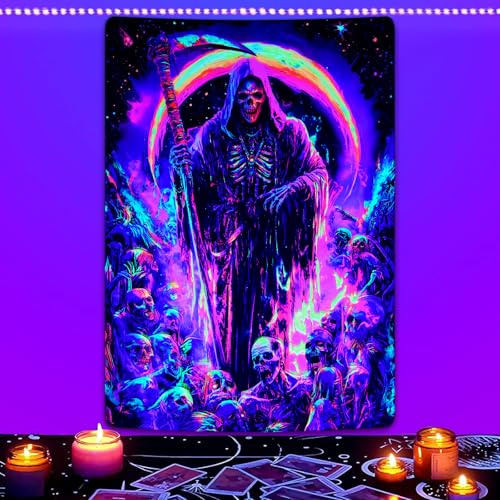 Invoibler Schwarzlicht-Totenkopf-Wandteppich, Sensenmann, Gothic-Skelett, UV-reaktiv, ästhetischer Hintergrund, leuchtet im Dunkeln, vertikales Poster, Wandbehang für Schlafzimmer, Dekoration (130 x