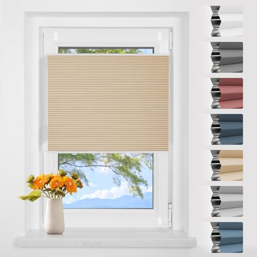 Wabenplissee Plissee Klemmfix ohne Bohren Weiß-beige B85 x H130 cm | Verdunkelung Thermo Verdunklungsplissee für Fenster 100% Blickdicht,Schallschutz und Wärmehaltung