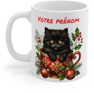 Mug Personnalisable Prénom avec Chat Noir de Noël - Tasse en Céramique pour Enfants et Adultes