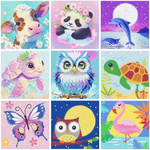 GEHNN 9er Diamond Painting Kinder, 17x17cm Kinder Diamant Malerei Tiere Set, Bastelset Mädchen Jungen 6-12 Jahre Geschenk 5D Diamant Malerei DIY Diamond Painting Bilder
