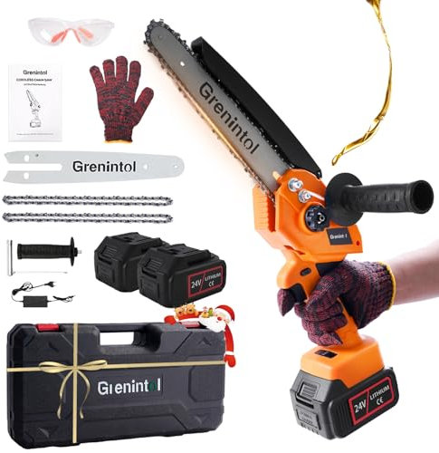 Grenintol Mini Motosega a Batteria, 8 Pollici Motosega 1000W, 6000mAh/24V, Mini Motosega Portatile,Sega Potatura,Oliatore Automatico,Blocco di Sicurezza, Adatta per Taglio Legno e Giardini