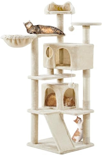 Yaheetech Árbol para Gatos 146 cm Rascador para Gatos con Escondites Cesta Torre de Escalada Gatos Medinos Castillo Juego de Gato Beige
