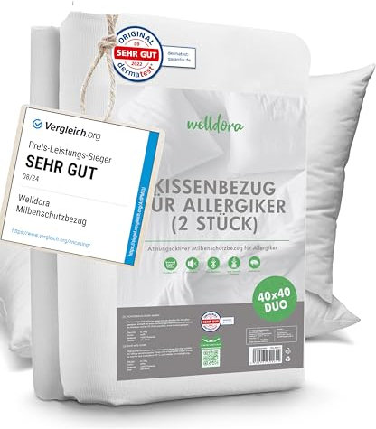 Welldora ǀ 2er-Set Premium Milbenbezug Kissen 40x40 ǀ Allergiker Kissenbezug fachärztlich getestet ǀ Premium Encasing mit Reissverschluss ǀ Allergiker Bettwäsche