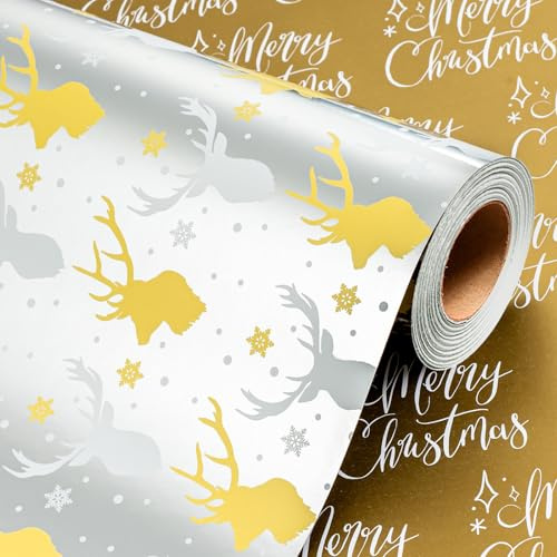 Wikadlik Geschenkpapier für Weihnachten, Rosa, 43 cm x 10 m, luxuriöses metallisches Rentier, Aufschrift Merry Christmas, Geschenkpapier für Urlaub, DIY, Basteln, Dekoration