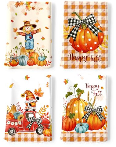 Arquiel Kürbis Vogelscheuche Geschirrtücher 4 Stück, Herbst Küchentücher Dekorative 100% Baumwolle Trockentücher Thanksgiving Saugstarke Geschenk für den Urlaub Einweihungsfeier 48 cm x 70 cm