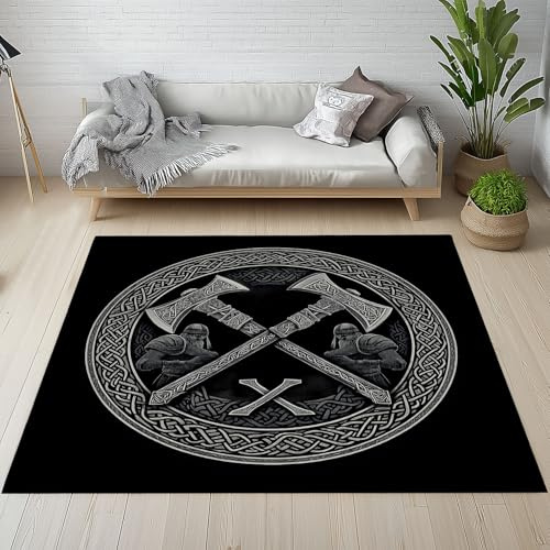 YGcegcia Axt Ritter Teppich 160 X 230 cm Waschbar Antirutsch | Teppich Teppiche Kurzflor Weich Weich Schlafzimmer Retro Mid Century Geometrisch Schwarz Weißer Wohnzimmer Kinderzimmer