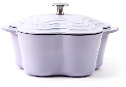 HAJHI Emailliert Dutch Oven Herzförmig Suppenherstellung Gusseisen Topf Schmortopf mit Deckel Zwei Griffe Antihaftbeschichtet für Gas Induktionsherde(Flower Purple 22CM)