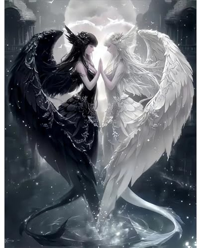 GLIDIAM 40x50cm Diamond Painting Engel Weiß Schwarz, Diamant Malerei Bilder Frau, DIY Full Drill Basteln Erwachsene, Mosaik Stickerei Kreuzstich Geschenk für Wanddeko Wohnzimmer Schlafzimmer