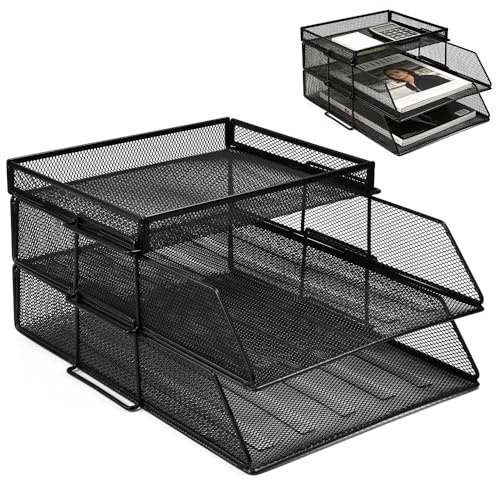 Vunanvu Organisateur Bureau Métal 2 Niveaux Corbeille À Courrier Et Rangement Papier Empilable Plateau pour Documents A4, Fournitures Et Revues Idéal pour Bureau, Maison Et École