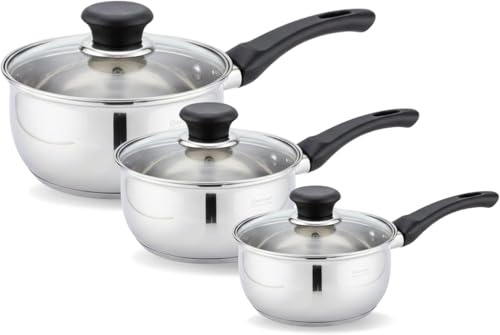 Housetronics Saucepan Set of 6 Piece – 16/18/20 cm Stainless Steel Pots with Tempered Glass Lids, Durable Mirror Finish, Even Heat Distribution, Microwave & Dishwasher Safe, Oven Safe Cookware