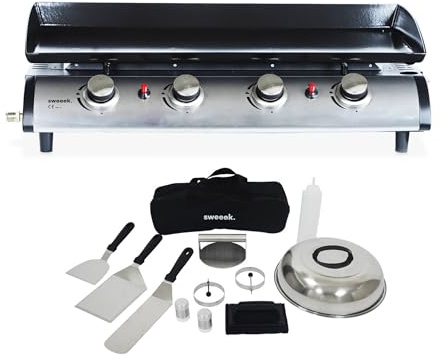 sweeek - Plancha au gaz 4 Feux. Porthos 4 brûleurs. 10 KW Barbecue Grande Plaque émaillée INOX avec ustensiles