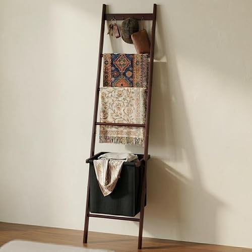 BAMBANG Blanket Ladder with Basket, 5- Tier Blanket Quilt Holder Ladder Towel Rack with 4 Hooks for Living Room, Wall Leaning Decorative Ladder Shelf with Storage Hamper, Bamboo Brown