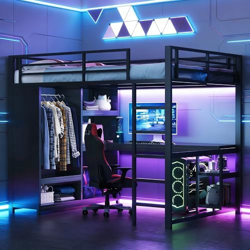 Cama alta Gaming de 140 x 200 cm con luz LED, escritorio, cama de matrimonio con armario a día y portaobjetos, estructura de cama de metal, literas de 140 x 200 cm, sin colchón, color negro