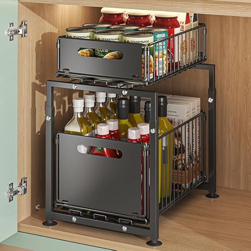 Purova Küchenschrank Organizer mit Verstellbarer Höhe 41-49CM, 2 Etagen Ausziehbares Küchen Organizer, Küchenregal Arbeitsplatte Metall Unterspüle für Badezimmer, Küche (Doppelschicht)