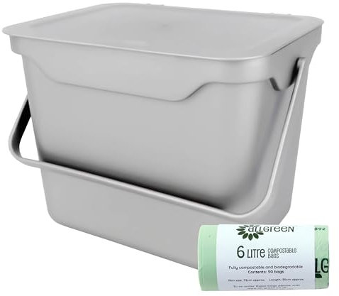 Easy Eco 5L Light Grey Kitchen Plastic Compost Caddy/Food Bin & 50x 6L Compostable Bags