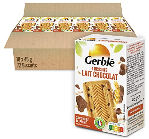 Gerblé - Galletas de leche de chocolate - Pobres en ácidos grasos saturados - Sin aceite de palma - Sin colorante - 18 cajas de 4 galletas - 46 g x 18