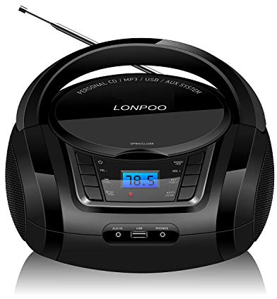 Lettore CD Portatile, LONPOO Radio Portatili Boombox Stereo Bluetooth Portatile con Altoparlanti Integrati, Ingresso USB, Ingresso AUX, Uscita Cuffie