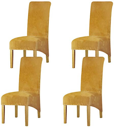 LANSHENG Samt Stuhlhussen 4er Set, Abnehmbare Waschbar Stuhlbezug, Stretch Stuhlhussen für Esszimmerstühle Haus Küche Restaurant (Senf, 4er Set)