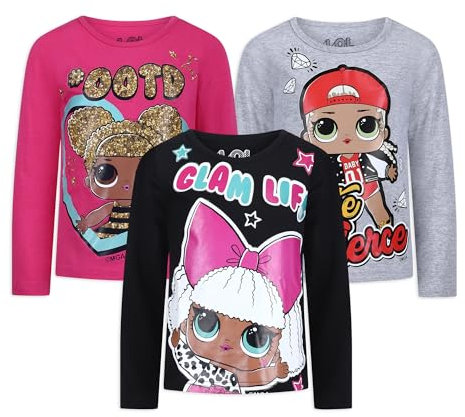 LOL Surprise Girl's 3 Pack Long Sleeves Tee Shirt Set, Pink/Black/Grey, Size 8