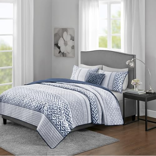 Madison Park Quilt Set Luxurious Jacquard Stripes Design - All Season, Coverlet Bedspread Lightweight Bedding Layer, Shams, Decorative Pillow, King/Cal King(104x94), Geometric Navy 4 Piece
