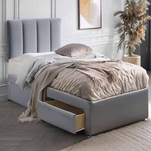 ComfoRest - Sleek 3FT Single Bed with Mattress & 2 Drawers | Versatile Set for Compact Rooms | Durable Beds for Everyday Use | Practical Choice for Comfortable Living (Silver Plush)