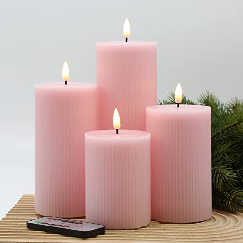Eywamage Pink Ribbed Candles Battery Operated Tall Pillar Candles, Flickering Flameless LED Candles with Remote Set of 4